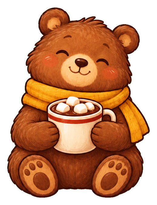Smiling bear holding a mug of hot cocoa with marshmallows and a scarf.