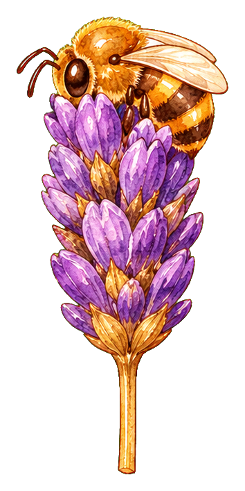 A honey bee resting on a purple lavender flower stalk.