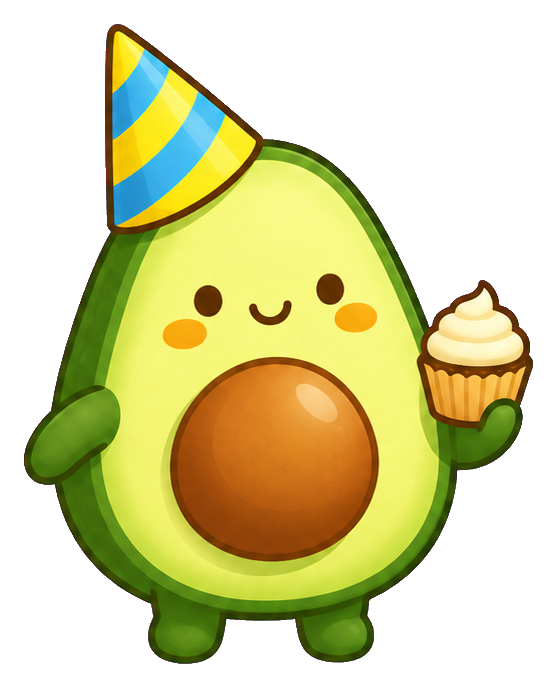 Cute avocado character wearing a party hat and holding a cupcake.