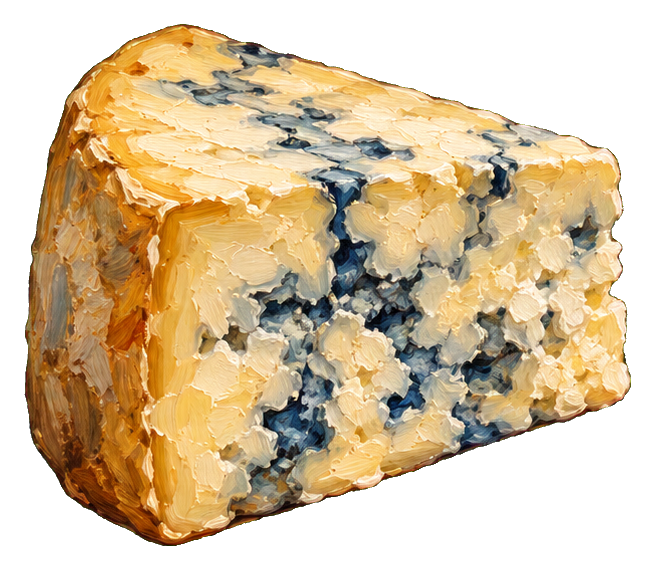 Blue cheese wedge with a golden rind and blue-veined interior