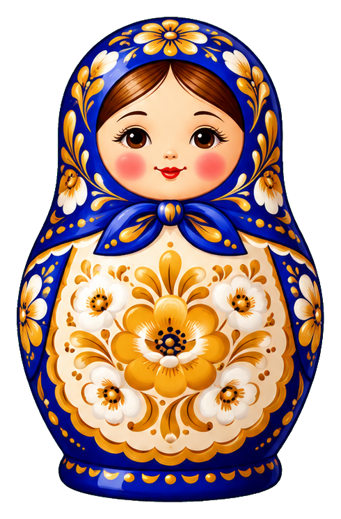 Blue matryoshka doll with floral folk art details and a smiling face