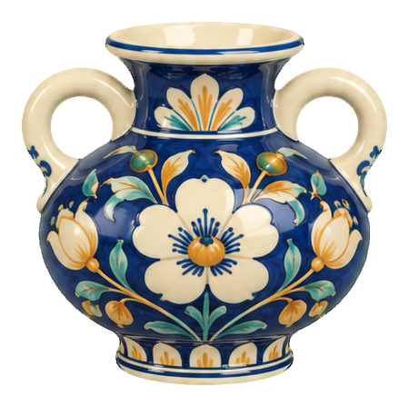 Blue porcelain flower vase with two handles and floral pattern
