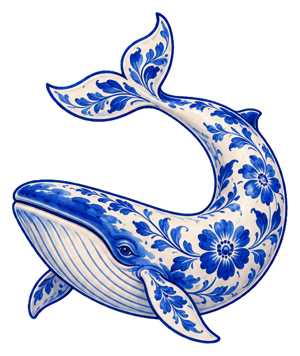 Blue and white decorative whale sticker with floral delft-style pattern