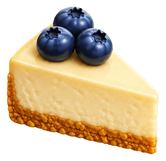 3D slice of blueberry cheesecake topped with three blueberries