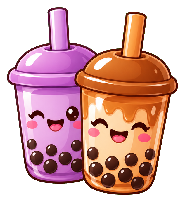 Two smiling boba tea cups with pastel lids and tapioca pearls, side by side.