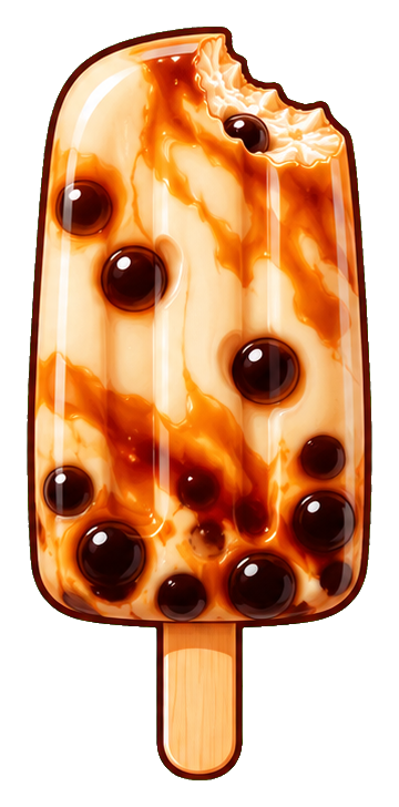 A boba ice cream bar with caramel drizzle and pearl toppings on a wooden stick.