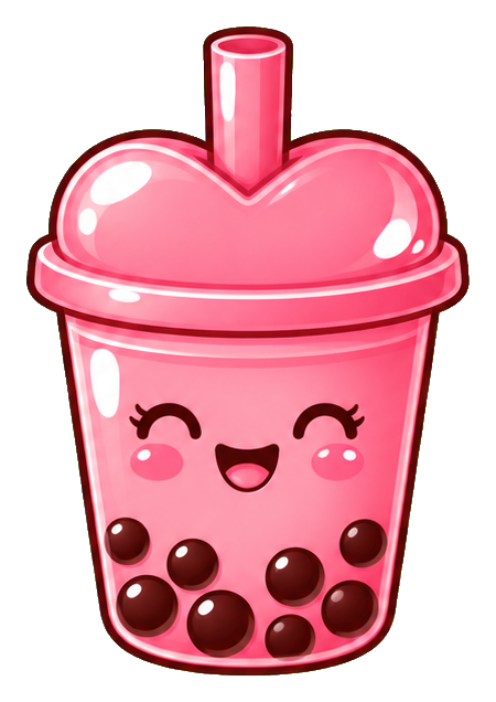 Pink bubble tea cup with a smiling face, heart-shaped cheeks, and dark tapioca pearls