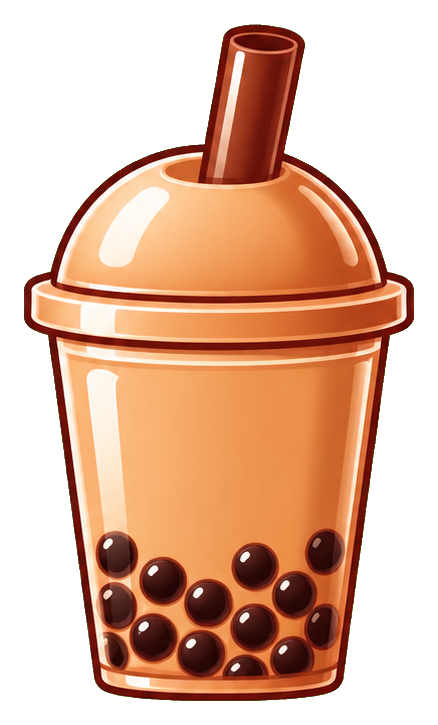 Cute orange boba tea cup with domed lid, straw, and dark tapioca pearls at the bottom