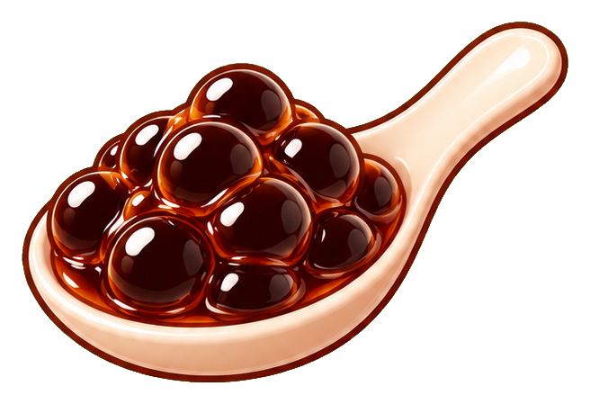A spoon filled with glossy tapioca pearls for boba tea