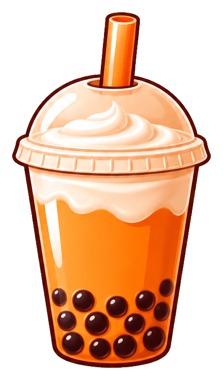 Cute orange boba tea cup with whipped cream and black tapioca pearls.