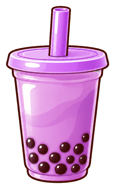 Cute purple taro milk tea cup with boba pearls and a lid straw