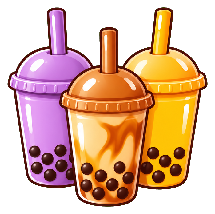 Three colorful bubble tea cups with straws and tapioca pearls