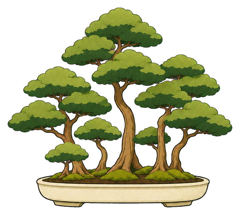 Stylized bonsai tree growing in a shallow pot.