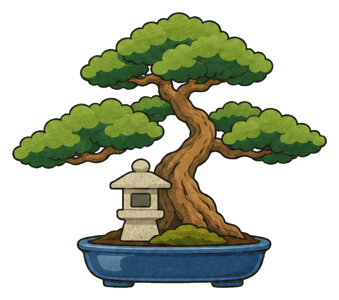 Bonsai tree in a pot with a stone lantern beside it