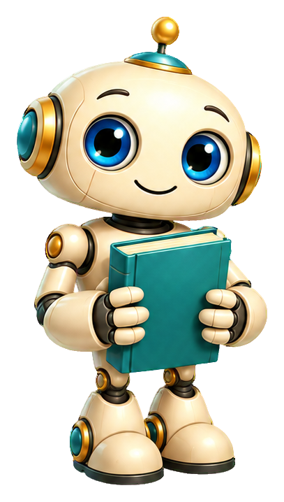 Cute 3D robot holding a book and smiling with blue eyes.