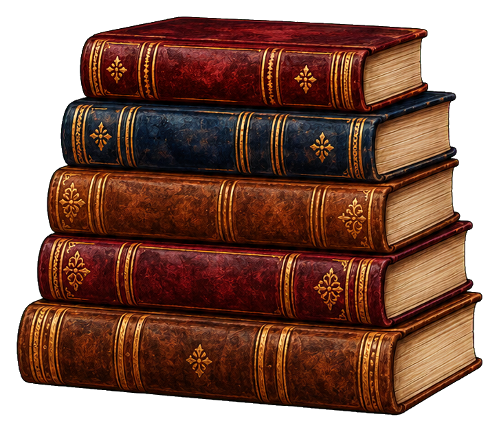 Stack of vintage hardcover books in warm brown and red tones