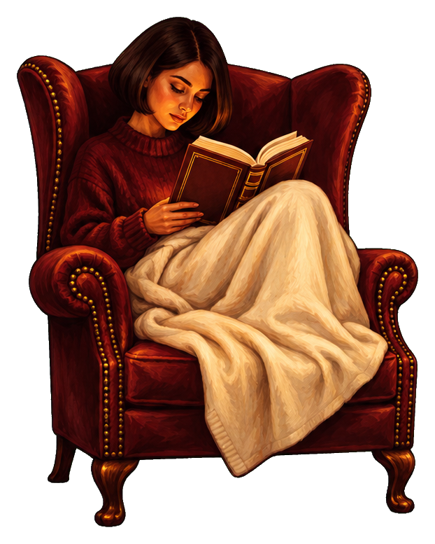 Woman reading a book while sitting in a red armchair with a blanket draped over her legs.
