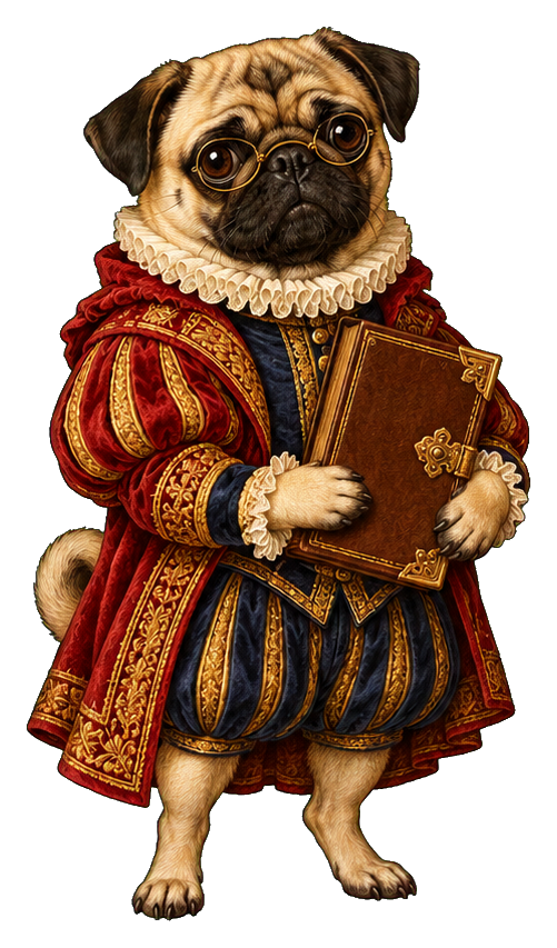 A pug in ornate renaissance clothing holding a book like a scholarly portrait.