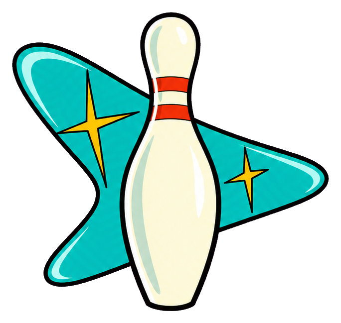 A bowling pin in front of a teal boomerang shape with yellow star accents.