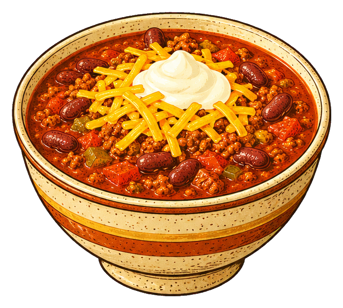 A bowl of chili topped with shredded cheese and a dollop of sour cream.