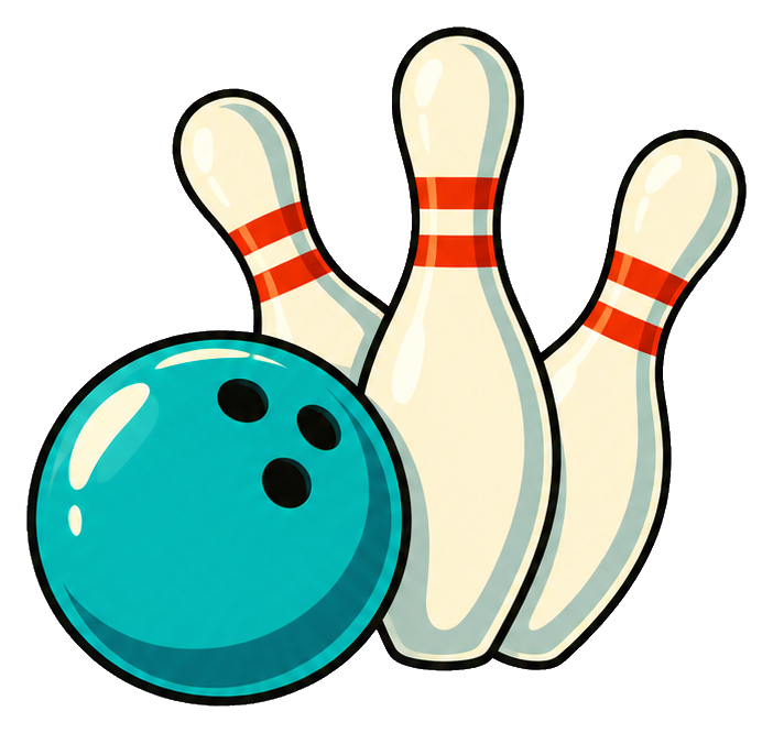 Retro bowling ball beside three bowling pins with a transparent background.
