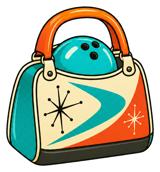 Retro bowling ball bag illustration with teal ball and orange handle