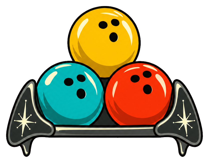 Retro bowling ball rack with three colorful balls and black triangular ends