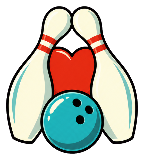 A blue bowling ball in front of two white bowling pins with a red heart between them