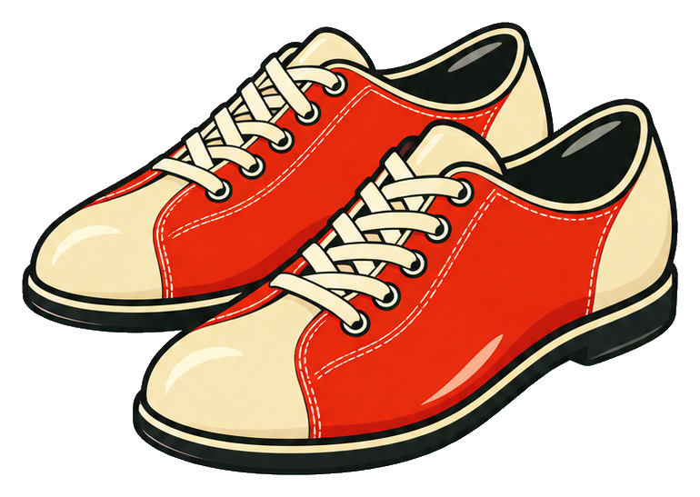 Retro red and cream bowling shoes sticker graphic with laces and black soles.