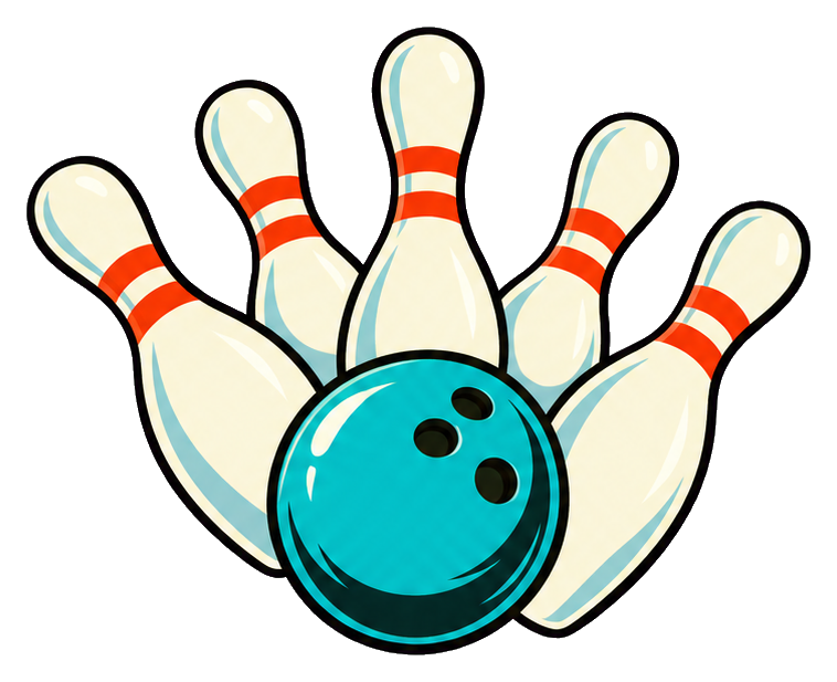 Retro bowling ball striking five pins in a colorful sticker graphic