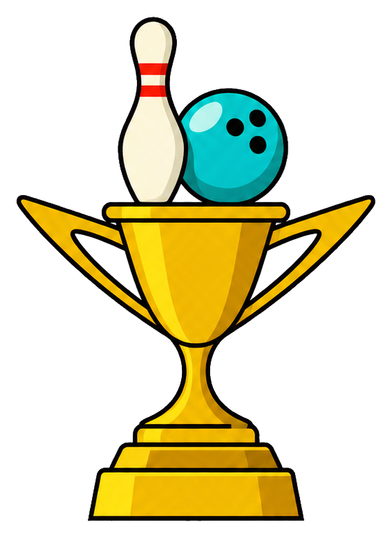 Retro bowling trophy with a pin and bowling ball on a transparent background.