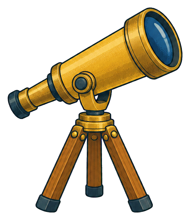 Brass telescope on a tripod with blue lens details and a transparent background.