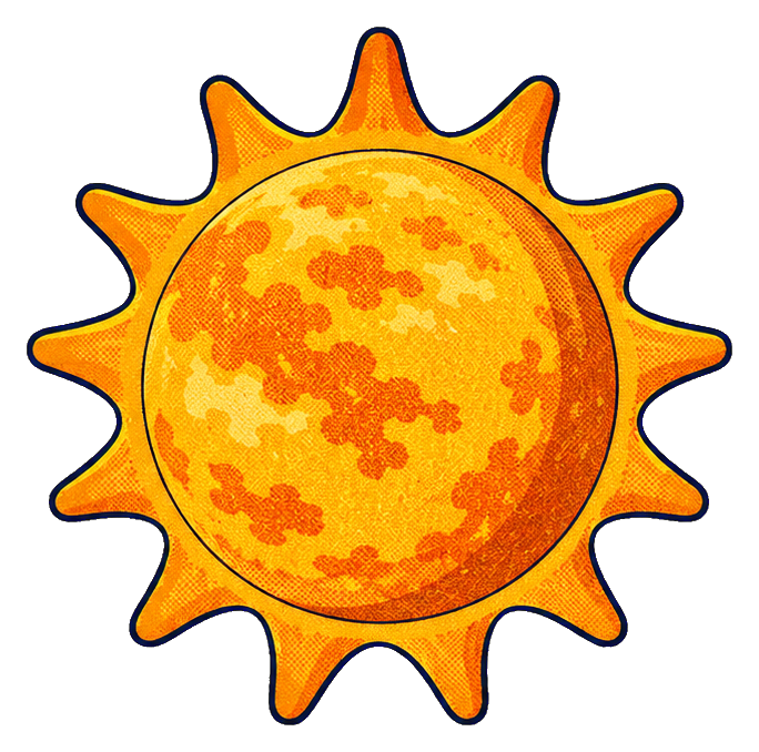 Bright golden sun with orange rays and a transparent background.