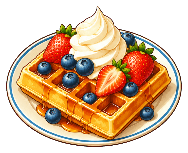 Belgian waffle topped with strawberries, blueberries, and whipped cream on a plate