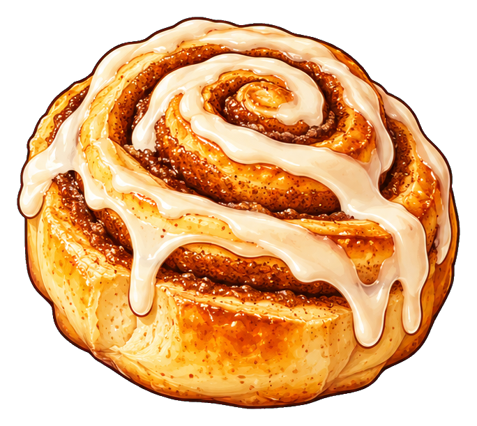 Glazed cinnamon roll with icing swirl on a transparent background