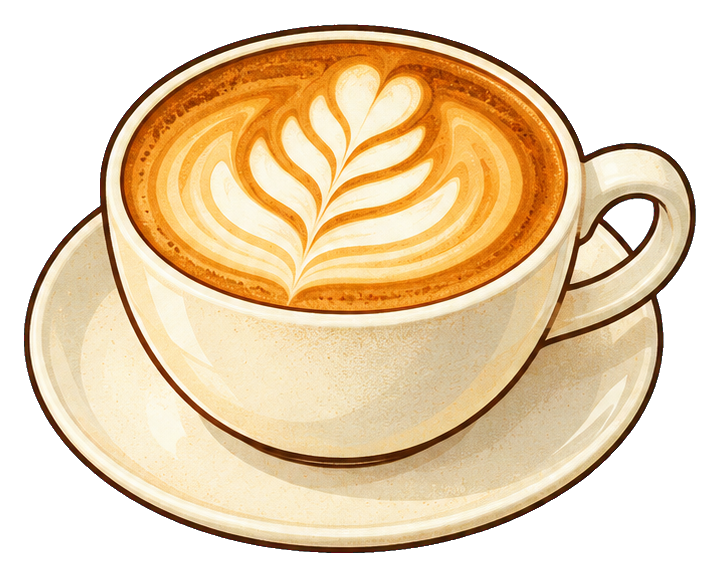Illustrated latte in a cup on a saucer with leaf latte art.