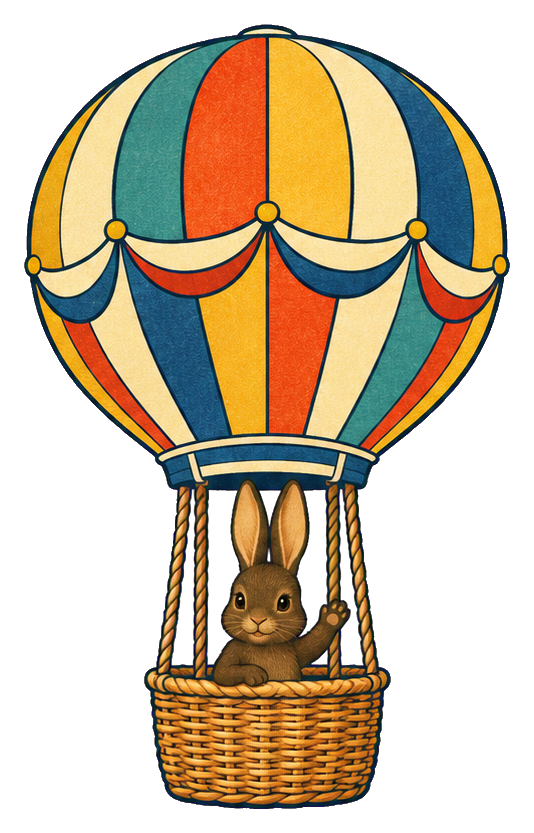 A bunny riding in a vintage hot air balloon basket with striped balloon panels.