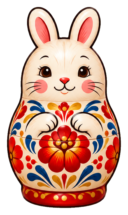 Colorful bunny-shaped matryoshka doll with floral folk art patterns