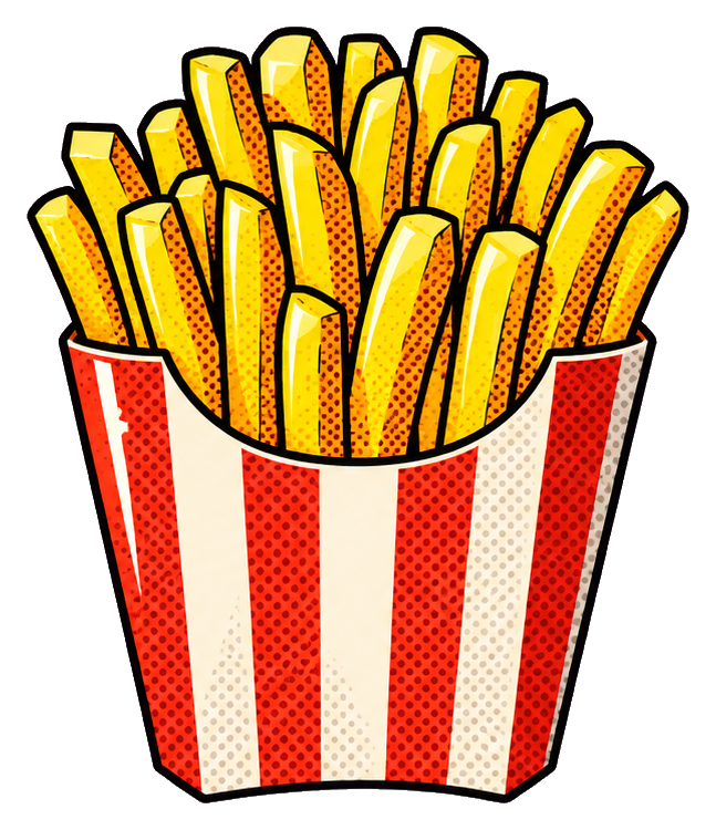 Pop art burger and fries in a striped takeout container with red and white dots