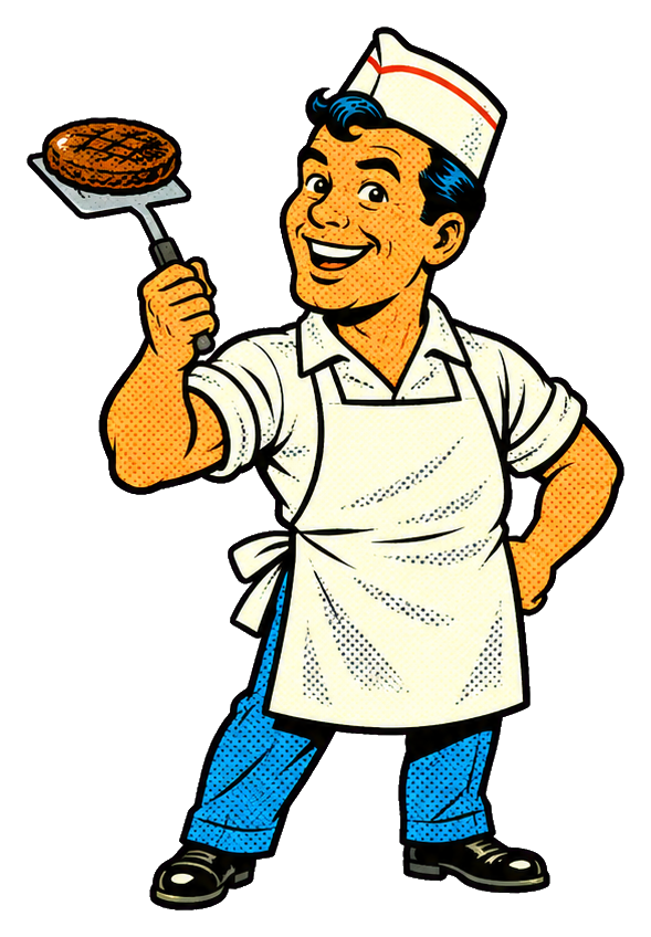 Smiling chef holding a spatula with a burger, wearing a white uniform and blue pants.