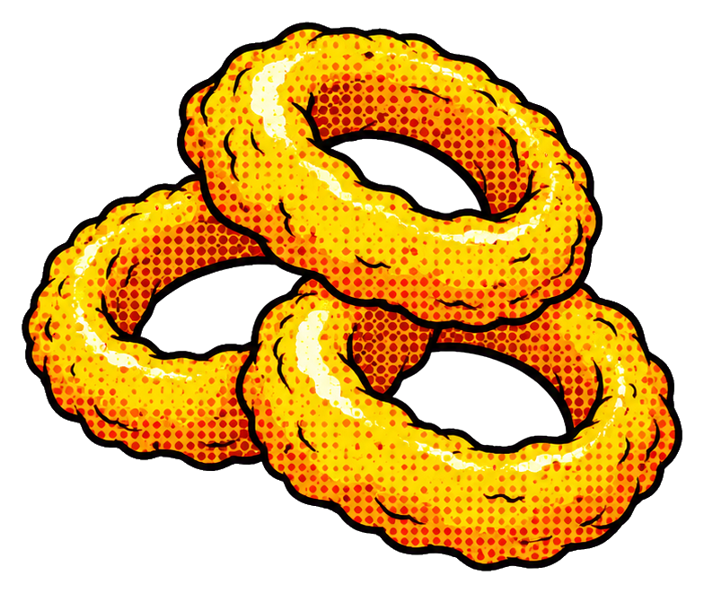 Three pop art onion rings stacked in a burger-style food sticker