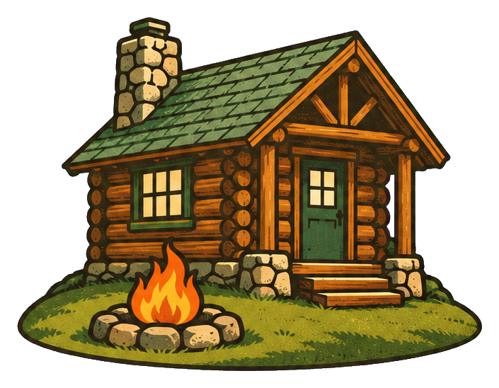 Log cabin with a lit campfire and grassy base, with a transparent background.