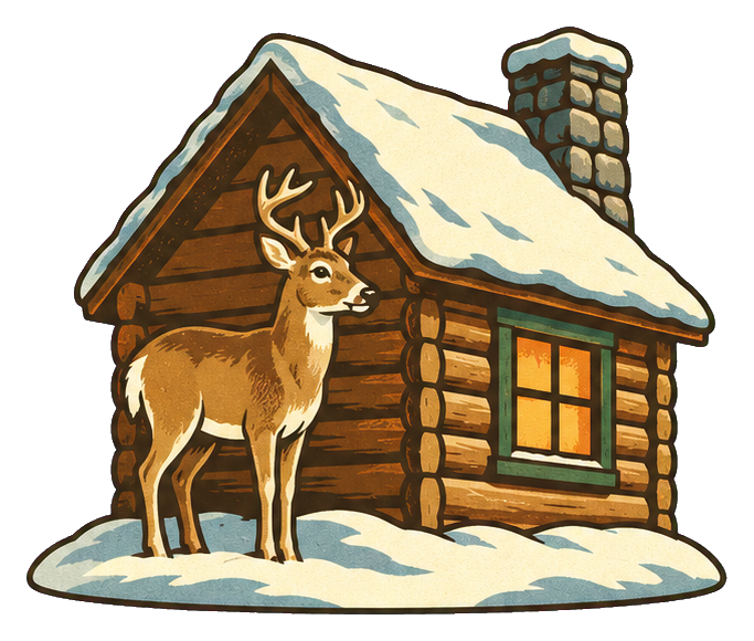 A deer stands beside a log cabin with a snowy roof and glowing windows.