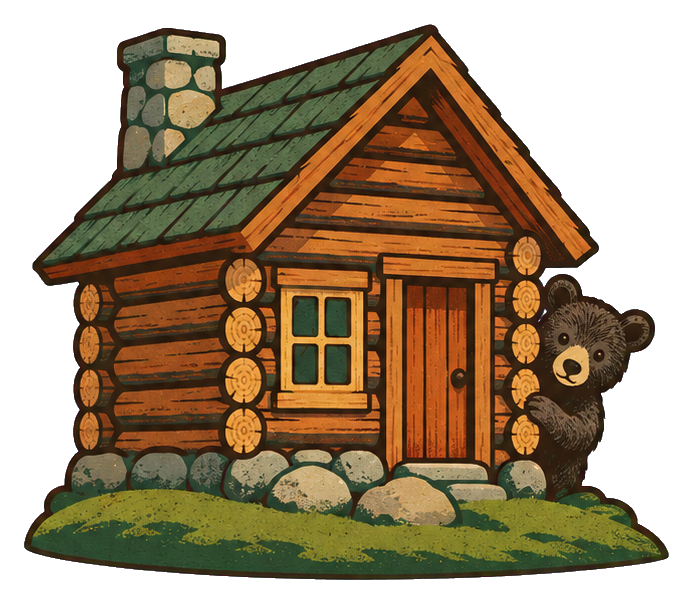 Log cabin with a bear cub peeking beside it and stacked stones in front.