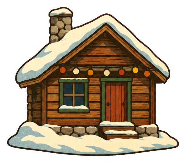 Snowy log cabin with a wreath and string of Christmas lights on the roof and porch.