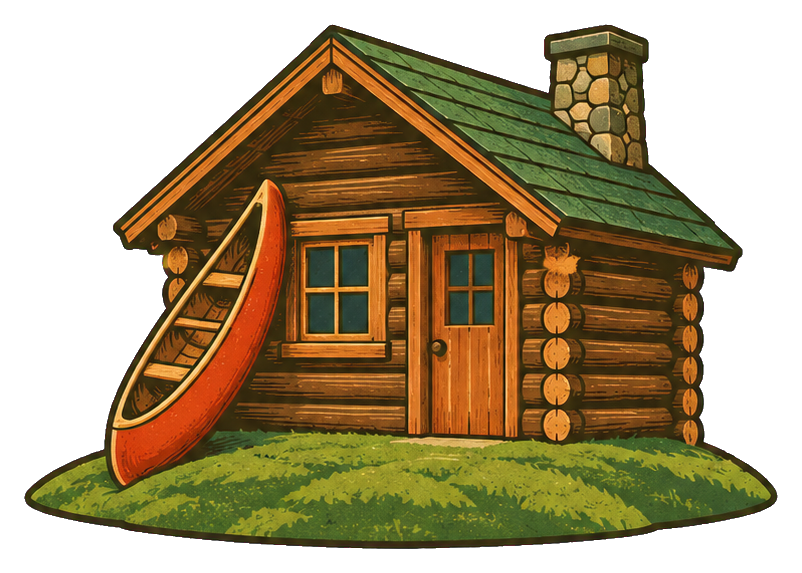 Log cabin with a canoe leaning beside the door and grassy base.