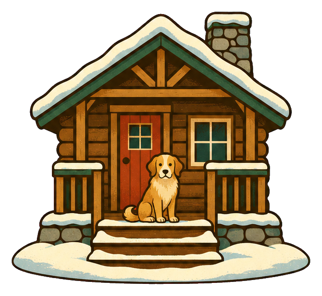 A log cabin with a dog sitting on the porch and snow on the roof.
