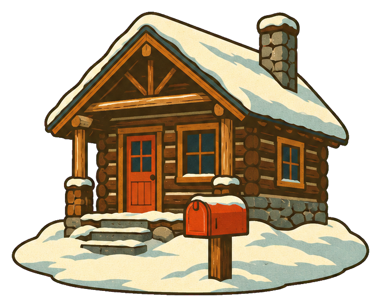 A cozy log cabin with a mailbox, snowy roof, porch, and chimney.