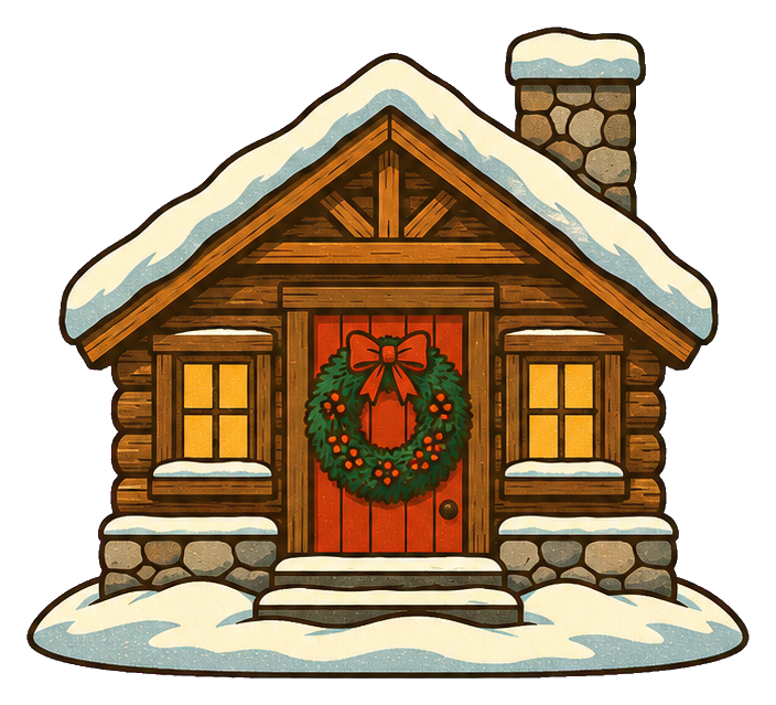 Log cabin with a wreath on the front, snow on the roof and steps, with a transparent background.