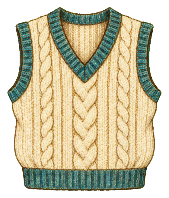 Cream cable knit sweater vest with teal trim and a deep V-neck.